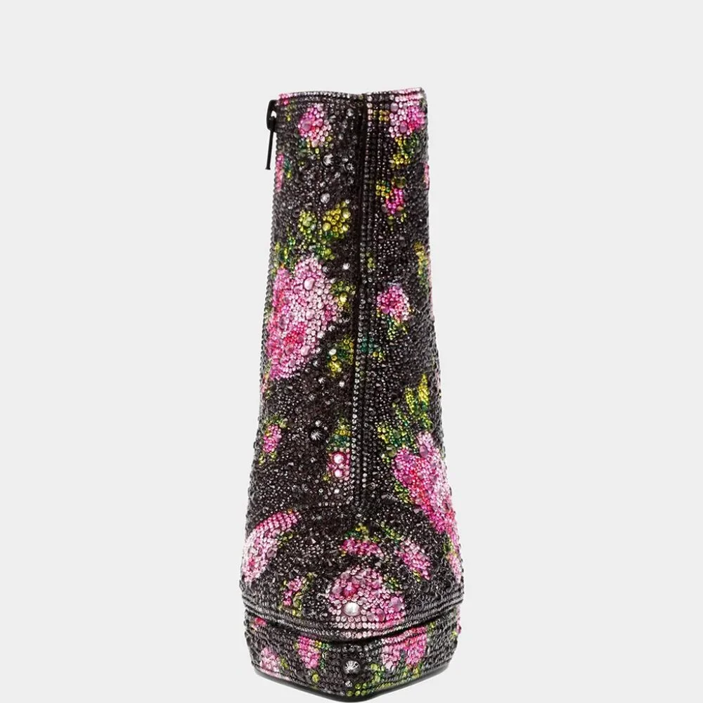 NEW BETSEY JOHNSON Delia Rhinestone Floral Booties Black/Pink 367tn - Picture 7 of 12